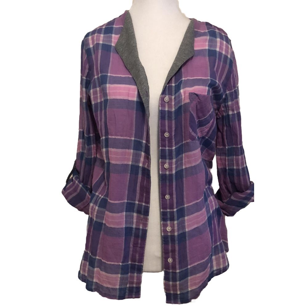 C&C California Rolled Sleeve‎ Arroyo Plaid Check Pocket Shirt Purple pink  S - Picture 3 of 9